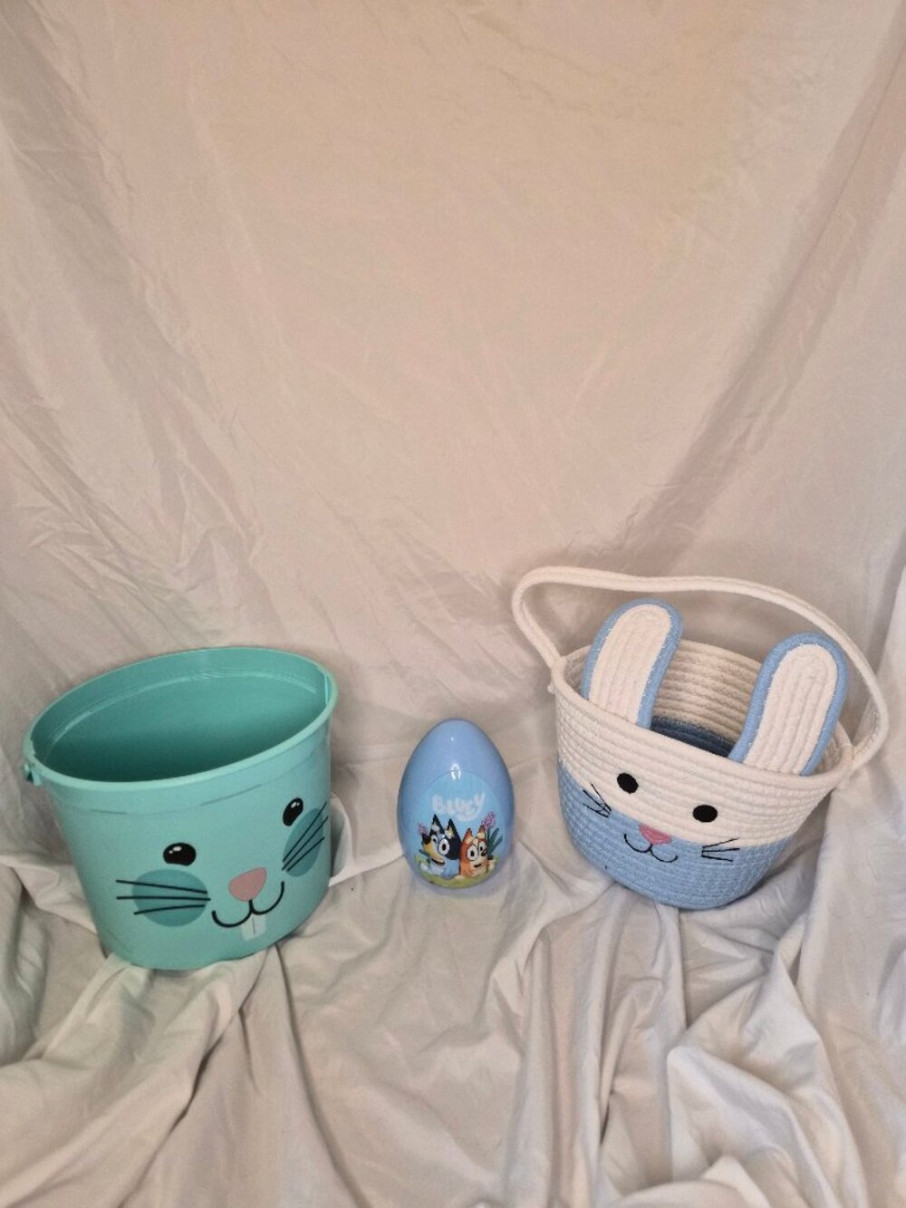 Easter Basket Bundle Bluey Jumbo Egg Teal Bunny Pail Woven Rope Bunny Basket